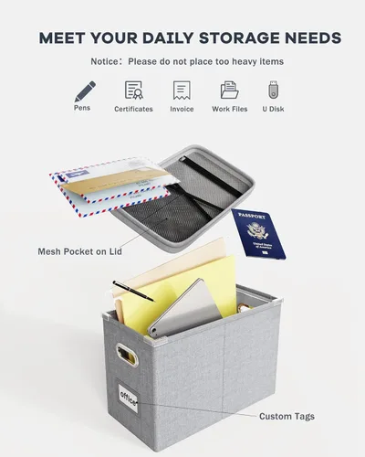 Miniatura 4 de Oterri Caja de archivos colgante con bolsillo de malla, caja organizadora de archivos con tapa, caja organizadora de documentos plegable