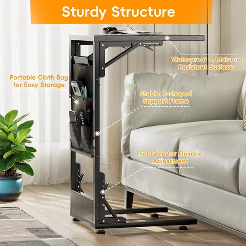 Miniatura 7 de Mesa auxiliar plegable en forma de C, pequeña mesa auxiliar plegable con bolsa de almacenamiento, bandeja de TV portátil para sofá, cama, color negro