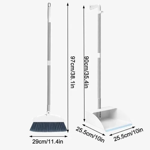 Miniatura 7 de Juego de escoba y recogedor con mango largo, escoba giratoria de 180 grados y recogedor vertical con raspador de pelo, juego de barrido de tienda