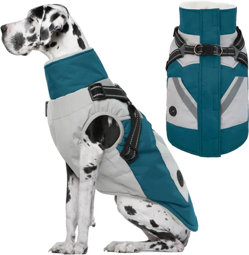 Miniatura 30 de IECOii Chaqueta para perro con arnés de invierno integrado, color negro, XXXL, abrigo de perro con cremallera, ropa de invierno para perros grandes