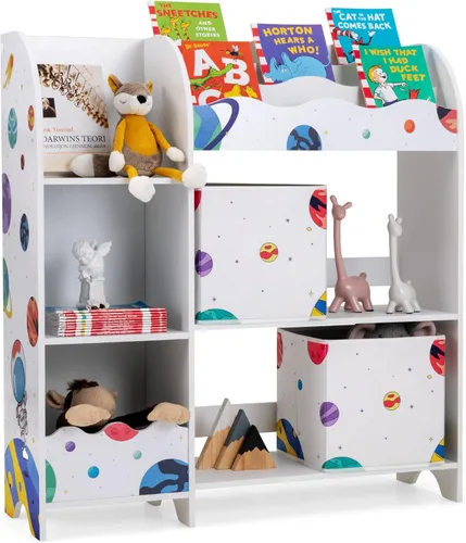 Costzon Organizador de juguetes y libros para niños, estantería de almacenamiento de madera con 5 estantes abiertos, 2 cajas de almacenamiento y 3