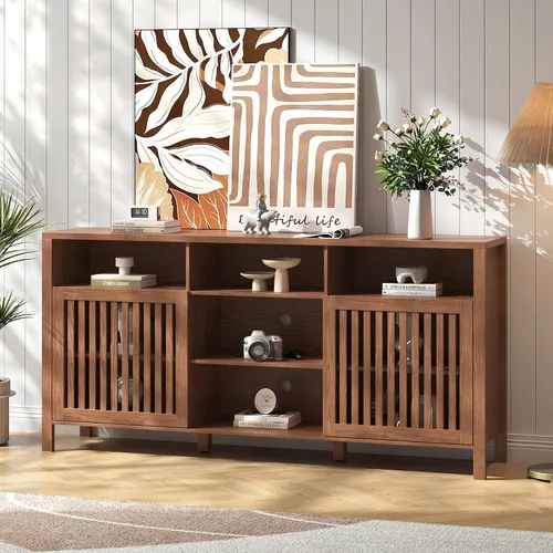 Miniatura 3 de BVIUNTWO - Soporte de TV Farmhouse marrón con puertas con rejilla, 5 compartimentos de almacenamiento abiertos, consola multimedia de 65