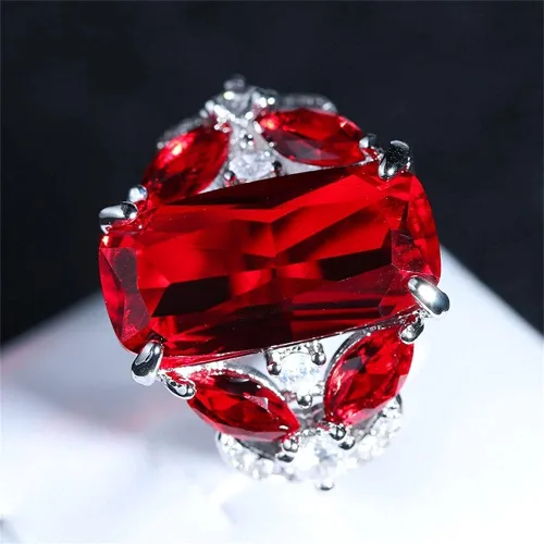 Miniatura 2 de Anillo de plata de ley 925 de lujo para mujer, rectángulo brillante, gema roja, anillo de princesa, ojo de caballo, anillo de rubí de ojo