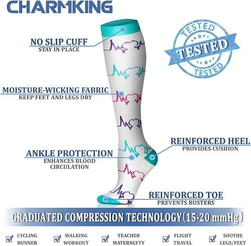 Miniatura 4 de CHARMKING - Calcetines de compresión para mujeres y hombres 6 pares 15-20 MMHG ideales para hacer deporte correr para viajes en avión otorgan