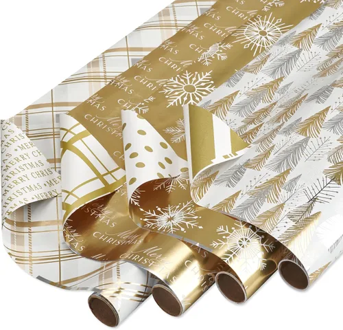 Miniatura 11 de American Greetings - Rollos de papel de regalo de Navidad de aluminio, envoltura de regalo festiva metálica en amarillo dorado y negro