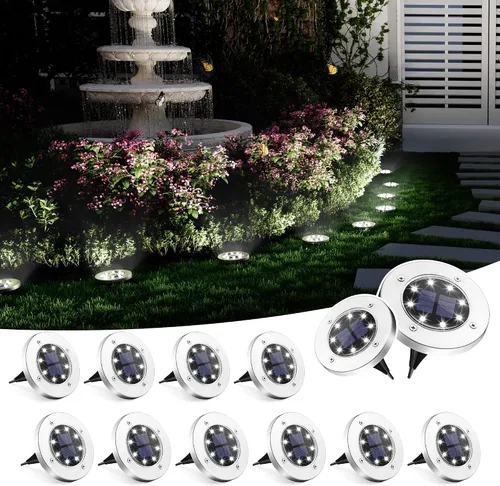 SOLPEX Paquete de 12 luces solares de tierra, 8 luces LED de disco alimentadas por energía solar, iluminación de paisaje de jardín impermeable para