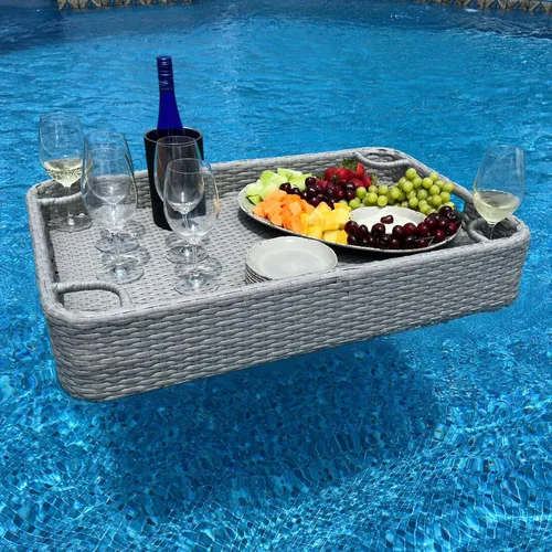 SUNJOY Bandeja flotante de mimbre de 36 x 24 pulgadas. Accesorio de piscina con marco de aluminio, bandeja flotante para servir bebidas, aperitivos