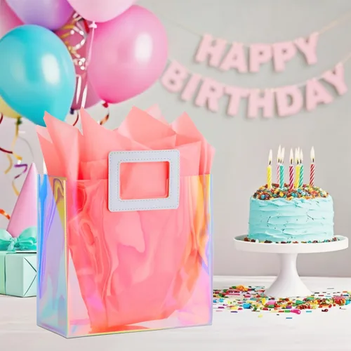 Miniatura 2 de Bolsa de regalo holográfica con papel de seda, reutilizable, bolsa de regalo de cumpleaños para mujeres y niñas, iridiscente, despedida de soltera