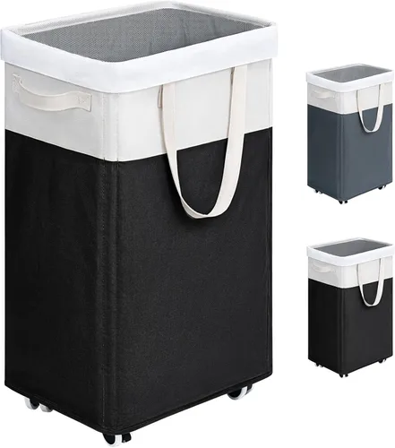 Goodpick Canasta de lavandería enrollable con ruedas 75L, Canasta de lavandería negra para ropa sucia, Canasta de lavandería plegable con lavado