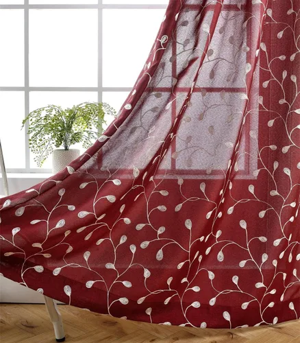 MIUCO Cortinas semitraslúcidas bordadas florales de lino sintético con ojales para ventana, para dormitorio, 52 x 84 pulgadas, 2 paneles, borgoña