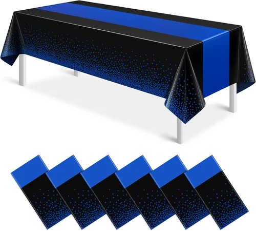 Miniatura 24 de MASHAN 1 mantel negro y azul para decoración de fiesta, mantel de plástico negro impreso azul, funda rectangular desechable para cumpleaños, boda