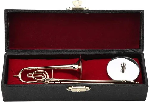 Trombon Miniatura Trombón Ornamento Trombón Instrumento Musical Miniatura Modelo Trombón Con Supoort Y Estuche Para Casa De Muñecas Decoración De