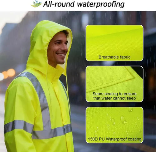 Miniatura 5 de Abrigo de lluvia de alta visibilidad, traje de lluvia de alta visibilidad para hombres, chaqueta impermeable con capucha, equipo de lluvia ligero