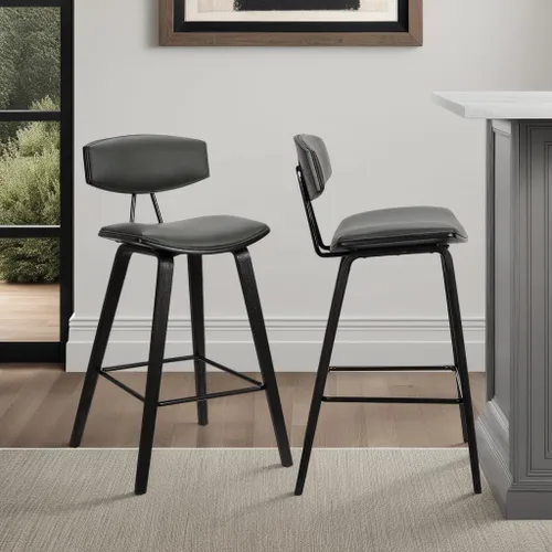 Miniatura 2 de Armen Living Fox - Taburete de bar moderno de mediados de siglo de piel sintética gris y madera negra de 25.5 pulgadas Piel sintética gris/negro