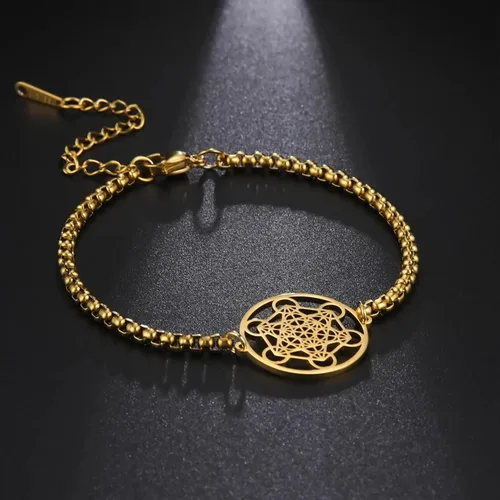 Miniatura 2 de Fantasy Forge Jewelry Pulsera de cubo Metatrons de plata dorada para mujer, acero inoxidable, geometría sagrada, 7-9.5 pulgadas