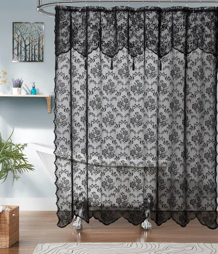 Miniatura 5 de ASATEX Cortina de ducha de encaje dorado. Cortina de baño de diseño floral clásico de 72 x 84 pulgadas con cenefa adjunta y borlas. Cortinas de Lino