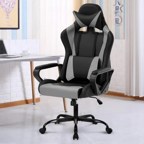 Miniatura 9 de Silla moderna para videojuegos, ergonómica con respaldo alto, silla de oficina de piel sintética con soporte lumbar, color negro
