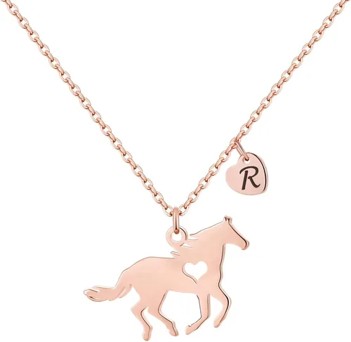 Miniatura 70 de MONOOC Collar de regalo para niñas con colgante de caballo - Collar de caballo delicado de acero inoxidable con corazón, 26 iniciales de la A a la Z