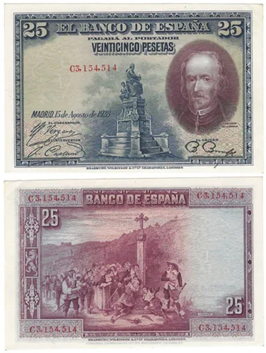 1928 ES LOVELY 1928 25 PESETA BANKNOTE w BARCA (ESPAÑA SHAKESPEARE) por BRADBURY WILKINSON 25 Pesetas Crisp AU