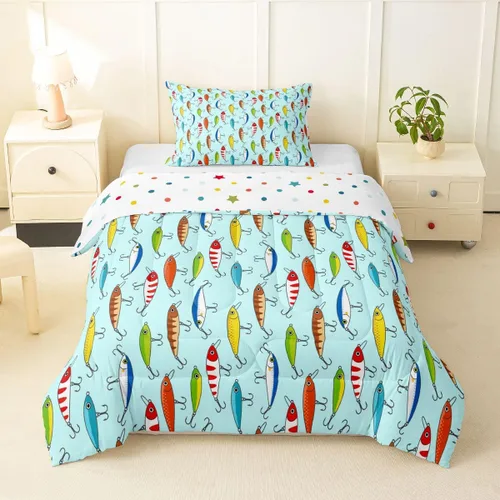 Miniatura 21 de Erosebridal Juego de edredón de tiburón, tamaño individual, juego de ropa de cama de vida oceánica para niños y niñas, color verde azulado