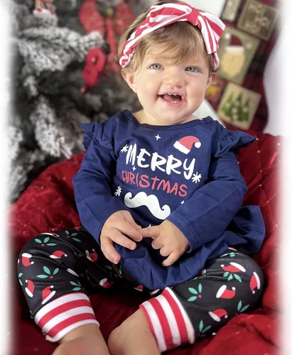 Miniatura 3 de Conjunto de ropa de Navidad con estampado de Papá Noel para niñas pequeñas, conjunto de ropa de Navidad de 3 piezas
