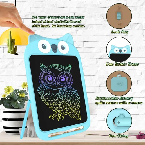 Miniatura 4 de Tableta de escritura LCD de 10 pulgadas, juguete de tablero de garabatos borrable, lindo bloc de dibujo de búho para niños de 2 a 6 años, regalo