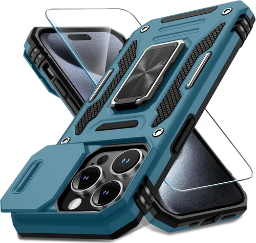 Miniatura 46 de DEERLAMN Funda para iPhone Xs Max con funda deslizante para cámara + protector de pantalla, soporte giratorio de anillo de grado militar a prueba