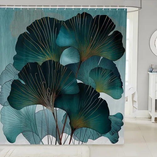 Castle Fairy Cortinas de ducha con hojas de ginkgo, cortina de baño botánica de naturaleza verde, tela de plantas de acuarela, juego de decoración
