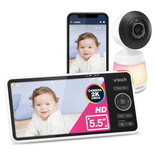 VTech Smart WiFi Baby Monitor - Ve a tu bebé en casa o desde cualquier lugar, cámara 2K, pantalla de 5.5 pulgadas, zoom 24X, gran angular, visión