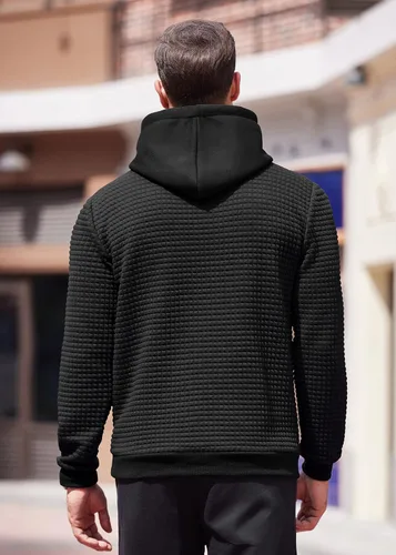 Miniatura 3 de COOFANDY Sudadera con capucha para hombre, de manga larga, a la moda, para gimnasio, atlética, a cuadros, jacquard, con bolsillo