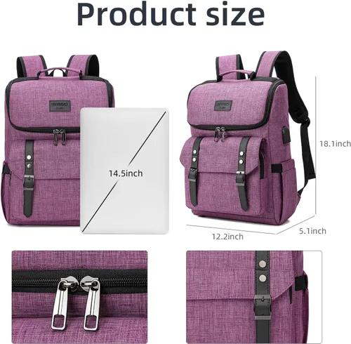 Miniatura 5 de Mochila vintage para laptop con puerto de carga USB para mujeres y hombres, Púrpura, 15,6 pulg.
