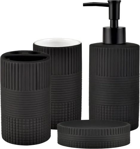 Juego de Accesorios de Baño Negro Mate, Juego de Baño de Cerámica con Relieve de 4 Piezas Completo - Portacepillos de Dientes, Dispensador de Jabón,