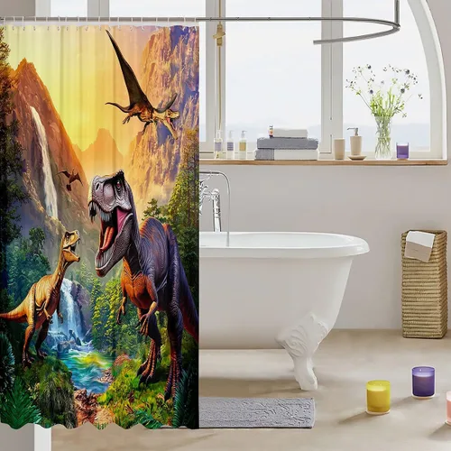 Miniatura 3 de Erosebridal Cortina de Ducha de Dinosaurio de Dibujos Animados 3D para Niños Varones Adultos Baño Selva Dino Tela Cortina de Baño 72" An x 72 L