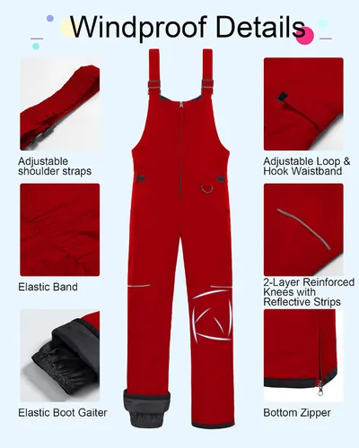 Miniatura 6 de CREATMO US Baberos de nieve para niños, pantalones de esquí impermeables con aislamiento para invierno