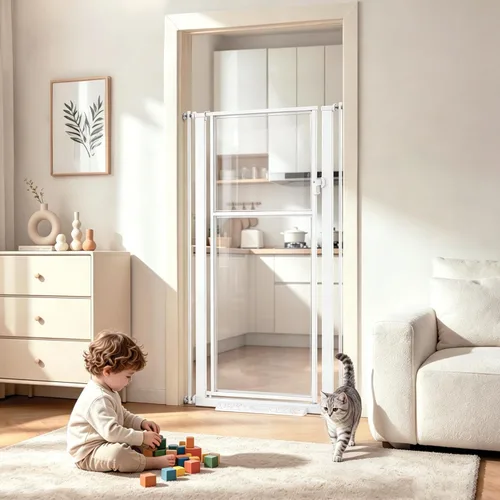 Puerta de bebé extra alta de 56 pulgadas, puerta de acrílico transparente para gatos, puerta para perros sin taladrar en interiores, barrera de