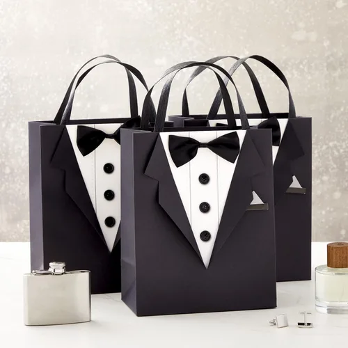 Miniatura 2 de Sparkle and Bash Bolsas de regalo para padrinos de boda con diseño de esmoquin 3D, pajarita de satén y botones reales, color negro, paquete de 6, 8