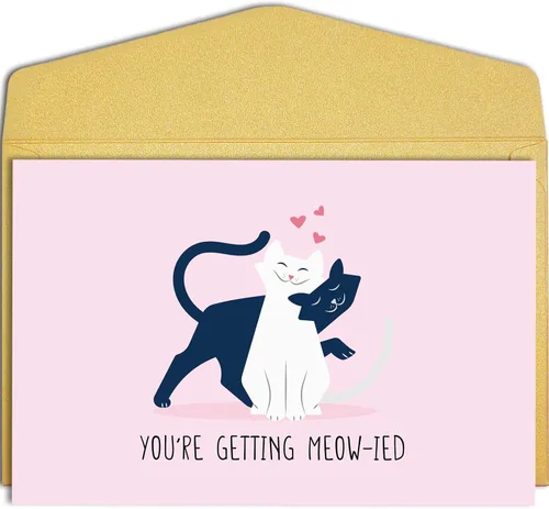 Qiliji Tarjeta de compromiso de gato linda, divertida tarjeta de felicitación de boda, tarjetas de juego de palabras "You're Getting Meow-ied Married