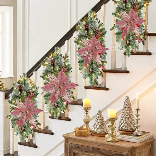 Miniatura 6 de Briful Flores de Pascua con Purpurina Navideñas de Cabezas Grandes de 12 Pulgadas Adornos para Árbol de Navidad Juego de 4 Flores Artificiales