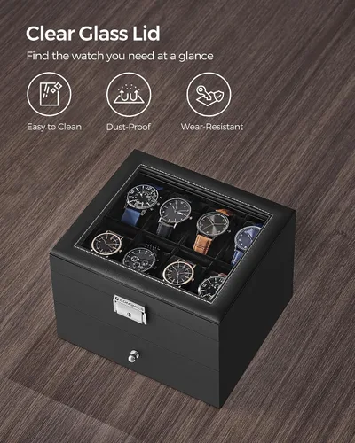Miniatura 5 de SONGMICS Caja de reloj de 16 ranuras, caja de reloj con tapa de vidrio, 2 capas, vitrina de reloj con cerradura, cuero sintético negro, forro negro