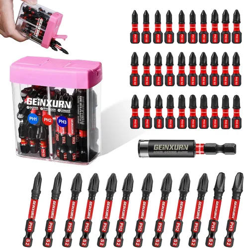 Miniatura 25 de Geinxurn Juego de Puntas de Destornillador de Impacto #2 Phillips, 43 piezas Brocas Magnéticas PH2 (1" y 2") S2 de Acero con Caja de Almacenamiento
