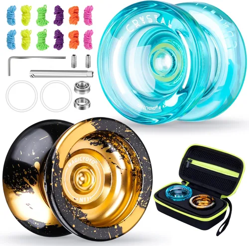 MAGICYOYO Paquete de Regalo de 2 Yoyos - Yoyo Sensible K2 de Cristal y Yoyo Metálico No Sensible N11, Yoyo de Doble Propósito para Niños y Adultos,