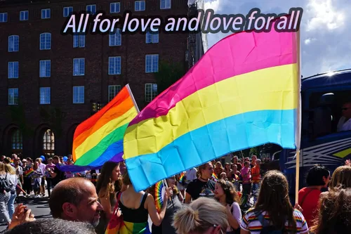 Miniatura 6 de Bandera pansexual – Cosas de orgullo Lgbtq para pared, cuatro filas de costuras, con 1 pin pansexual y 2 calcomanías de arcoíris aleatorias