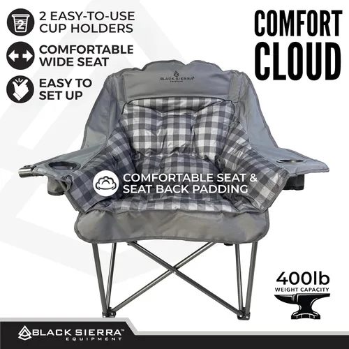 Miniatura 5 de Silla de camping de gran tamaño Black Sierra para adultos, asiento resistente para exteriores con acolchado suave, soporta 400 libras, portavasos