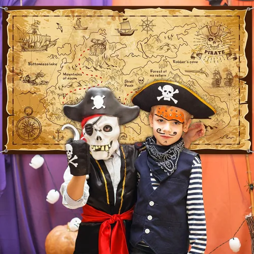 Miniatura 6 de Blulu Decoraciones de fiesta pirata, mapa del tesoro de Halloween, tema pirata, telón de fondo, joyería, mapa, pancarta, fotografía para Halloween