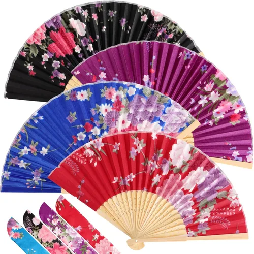Miniatura 15 de Zonon Paquete de 4 abanicos plegables florales de mano, abanicos de bambú de seda con borla para mujer, ventilador plegable de mano ahuecado