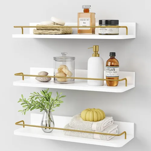 Forbena Juego de 3 estantes flotantes dorados para decoración de pared, estantes de baño sobre el inodoro, estante de pared moderno con riel Blanco