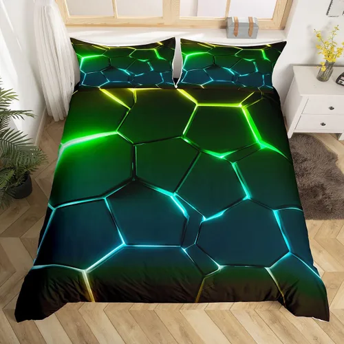 Miniatura 17 de Feelyou Juego de funda de edredón de panal de abeja, color verde y amarillo, juego de ropa de cama hexagonal para niños y niñas, funda de edredón