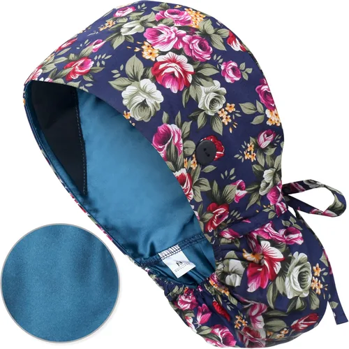 Miniatura 47 de QBA Gorra de trabajo ajustable con botón, gorro forrado de satén, gorro de trabajo de algodón, banda elástica para atar en la espalda, unisex Pt