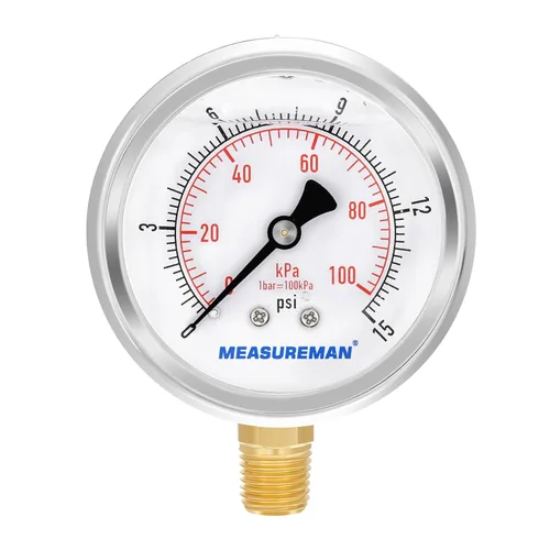 Miniatura 30 de MEASUREMAN - Manómetro de presión 1/4 NPT, manómetro de presión lleno de glicerina 0-100psi/kPa con esfera de 2.5 pulgadas y caja de acero