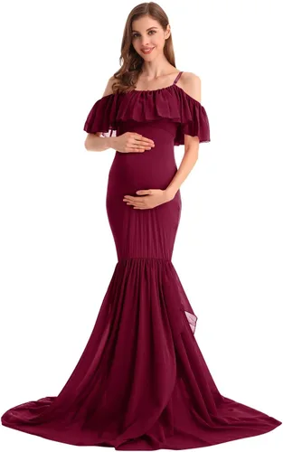 Miniatura 19 de MYRISAM Vestido de maternidad con volantes y hombros descubiertos para mujer, vestido de fiesta de sirena de gasa, vestido ajustado